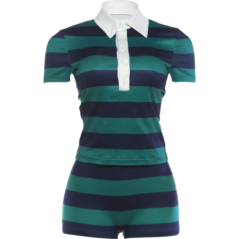 Striped Patchwork 2-Piece Lapel Shirt & Shorts