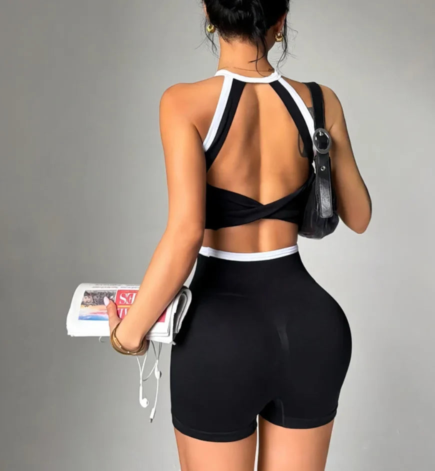 Women's Colorblock Backless High Waist Fitness Set