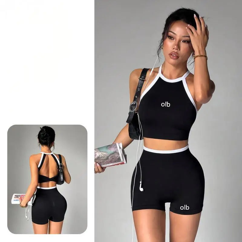 Women's Colorblock Backless High Waist Fitness Set